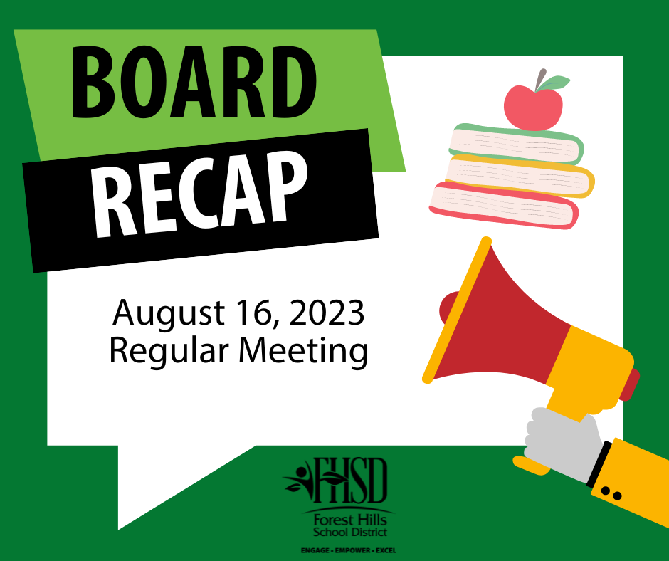 Board Recap graphic with animated books, apple and megaphone